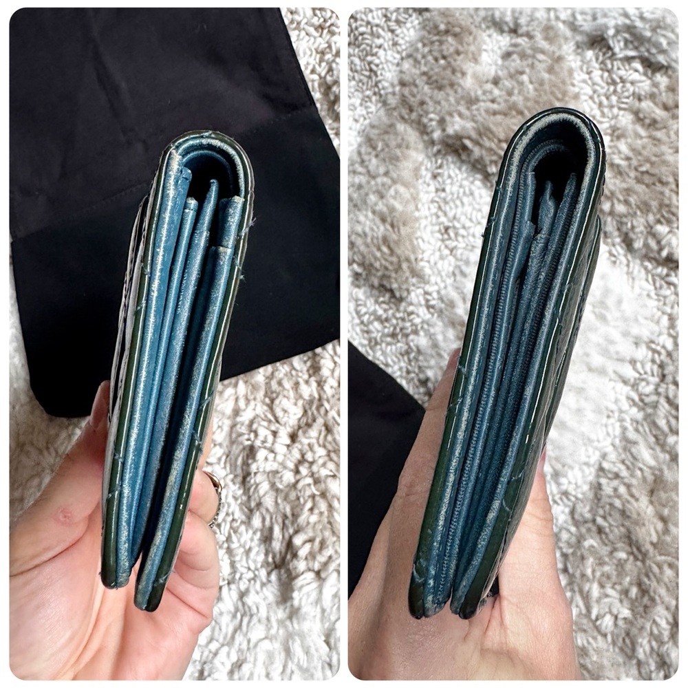 SOLD🌺CHANEL Teal Bifold Long CC logo Quilted Patent Leather Yen Wallet + card - Picture 11 of 11